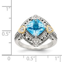 Shey Couture Sterling Silver Ring with 14K Accent Antiqued Diamond and Cushion Blue Topaz view 4