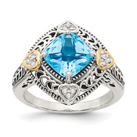 Shey Couture Sterling Silver Ring with 14K Accent Antiqued Diamond and Cushion Blue Topaz view 1