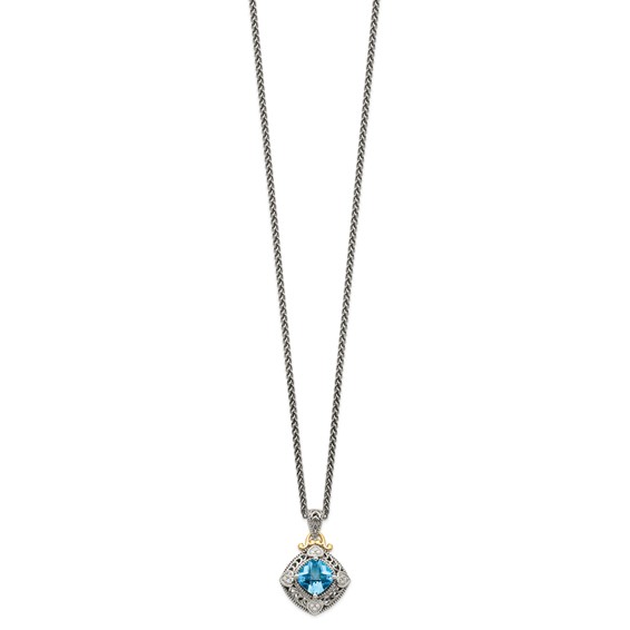 Shey Couture Sterling Silver with 14K Accent 18 Inch Antiqued Diamond and Cushion Blue Topaz Necklace