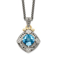 Shey Couture Sterling Silver Necklace with 14K Accent Antiqued Diamond and Cushion Blue Topaz, 18" view 1