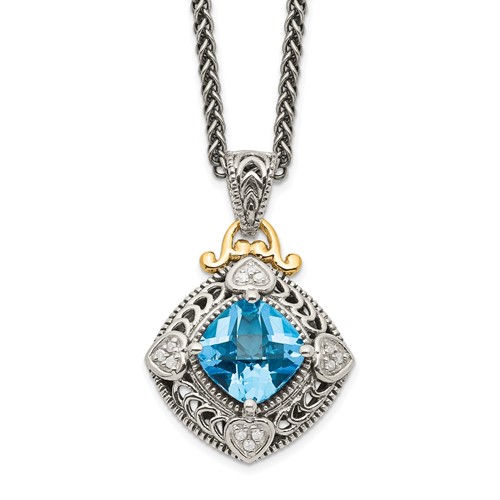 Shey Couture Sterling Silver Necklace with 14K Accent Antiqued Diamond and Cushion Blue Topaz, 18"