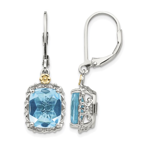 Shey Couture Sterling Silver Rhodium-plated Earrings with 14K Accent Recangular Blue Topaz Leverback Dangle