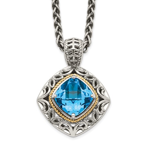 Shey Couture Sterling Silver Necklace with 14K Accent Antiqued Cushion Blue Topaz, 18"