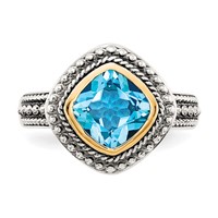 Shey Couture Sterling Silver Ring with 14K Accent Antiqued Cushion Bezel Blue Topaz view 5