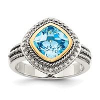 Shey Couture Sterling Silver Ring with 14K Accent Antiqued Cushion Bezel Blue Topaz view 1