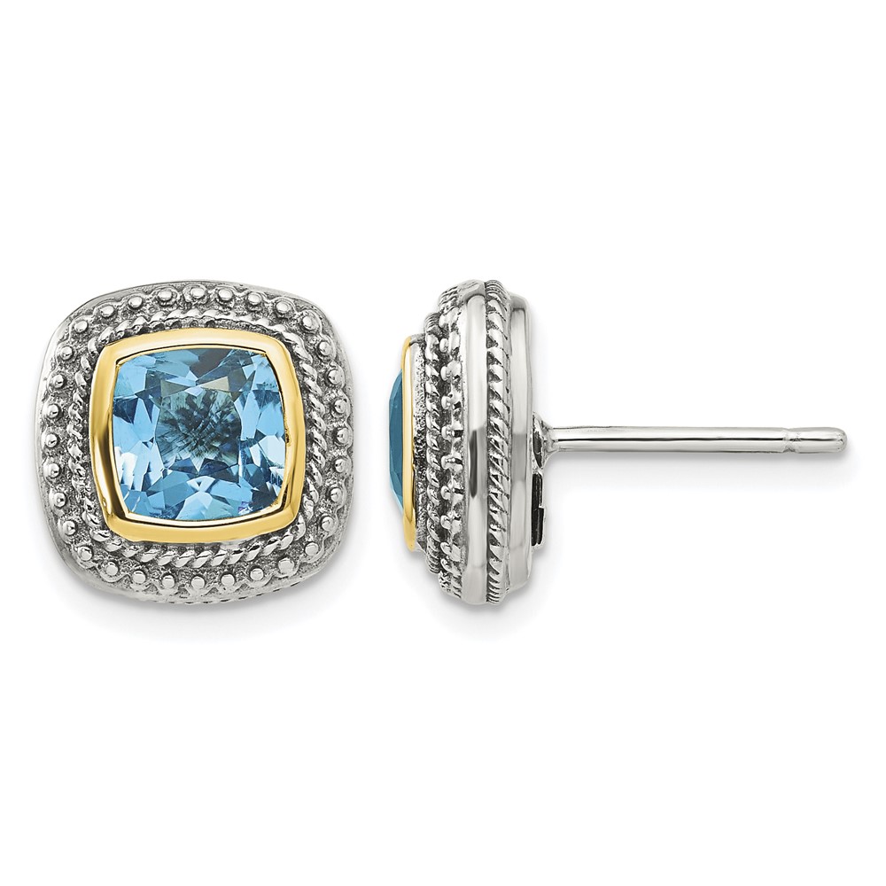 Shey Couture Sterling Silver Earrings with 14K Accent Antiqued Cushion Bezel Blue Topaz Post