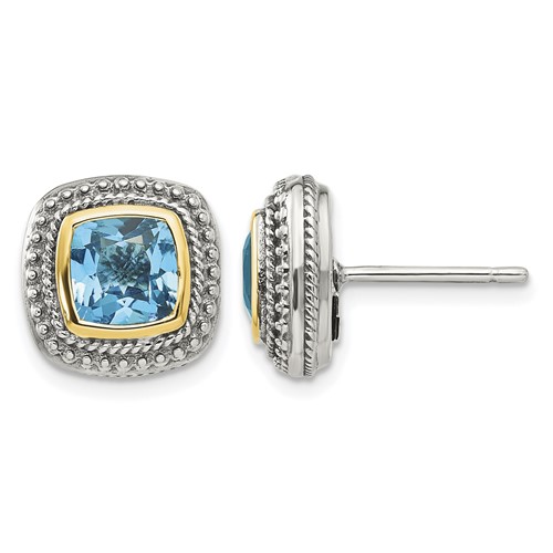 Shey Couture Sterling Silver Earrings with 14K Accent Antiqued Cushion Bezel Blue Topaz Post