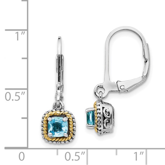 Shey Couture Sterling Silver with 14K Accent Antiqued Cushion Blue Topaz Leverback Dangle Earrings