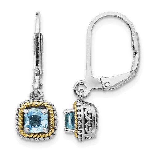 Shey Couture Sterling Silver Earrings with 14K Accent Antiqued Cushion Blue Topaz Leverback Dangle