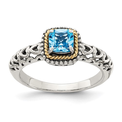 Shey Couture Sterling Silver Ring with 14K Accent Antiqued Cushion Blue Topaz