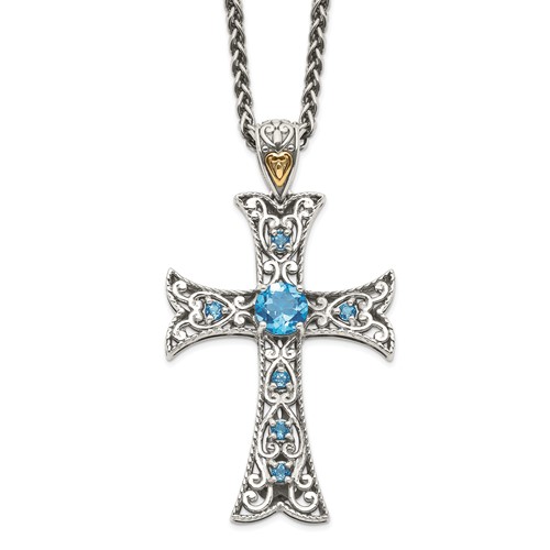 Shey Couture Sterling Silver Rhodium-plated Necklace with 14K Accent Antiqued Round Blue Topaz Cross, 18"