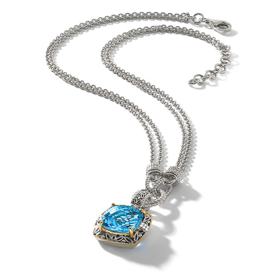 Shey Couture Sterling Silver with 14K Accent 17 Inch Antiqued Sky Blue Topaz and Diamond Necklace with 1 Inch Extender