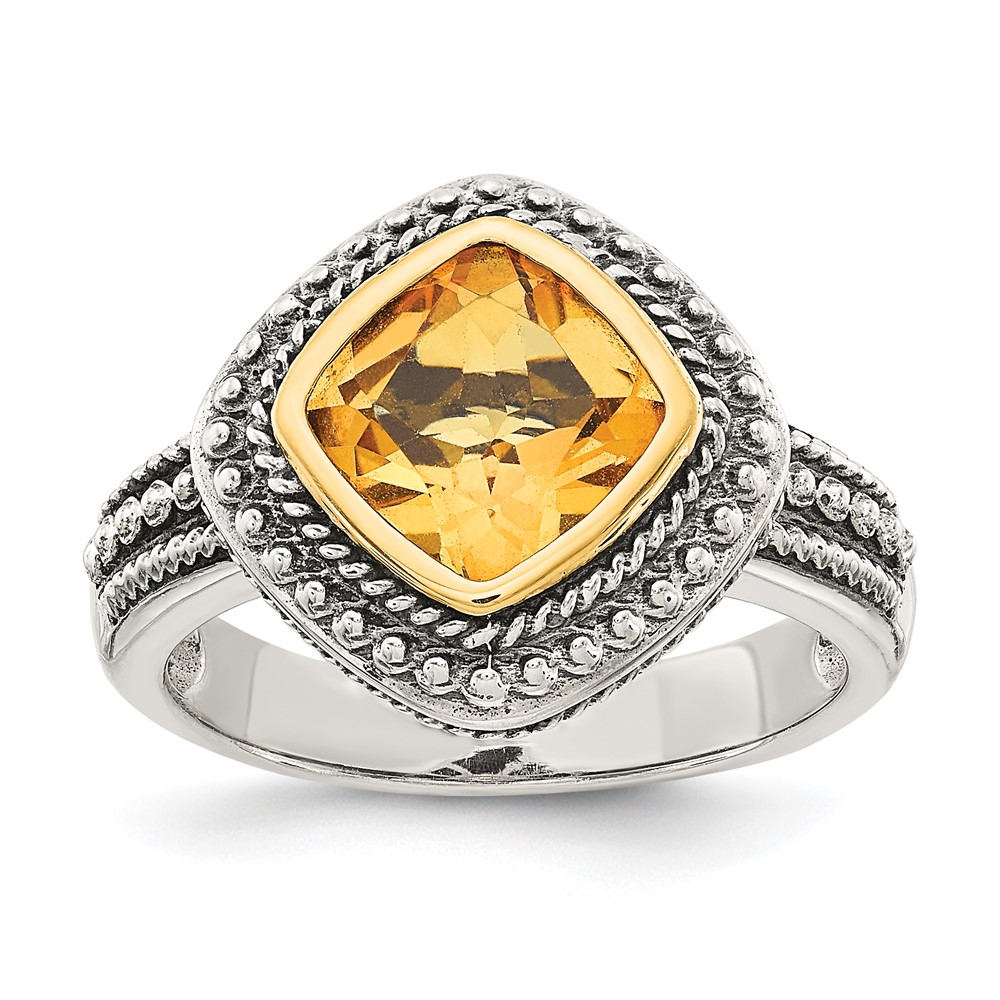 Shey Couture Sterling Silver Ring with 14K Accent Antiqued Cushion Bezel Citrine