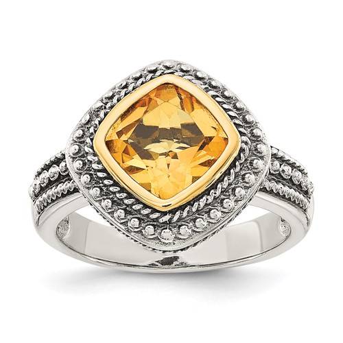 Shey Couture Sterling Silver Ring with 14K Accent Antiqued Cushion Bezel Citrine