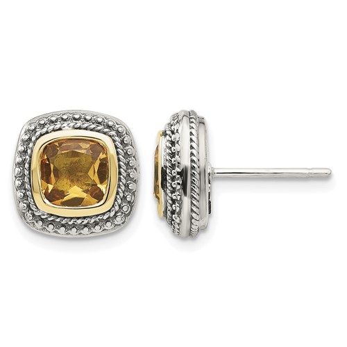 Shey Couture Sterling Silver Earrings with 14K Accent Antiqued Cushion Bezel Citrine Post