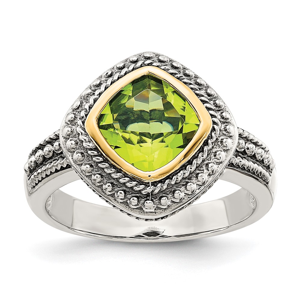 Shey Couture Sterling Silver Ring with 14K Accent Antiqued Cushion Bezel Peridot