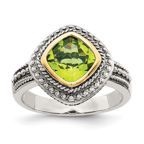 Shey Couture Sterling Silver Ring with 14K Accent Antiqued Cushion Bezel Peridot