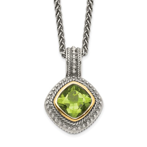Shey Couture Sterling Silver Necklace with 14K Accent Antiqued Cushion Bezel Peridot, 18"