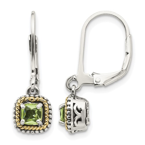 Shey Couture Sterling Silver Earrings with 14K Accent Antiqued Cushion Peridot Leverback