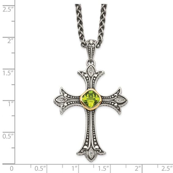 Shey Couture Sterling Silver with 14K Accent 18 Inch Antiqued Diamond and Cushion Bezel Peridot Necklace
