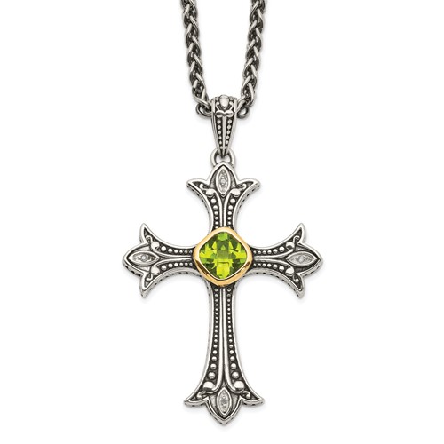 Shey Couture Sterling Silver Necklace with 14K Accent Antiqued Diamond and Cushion Bezel Peridot, 18"