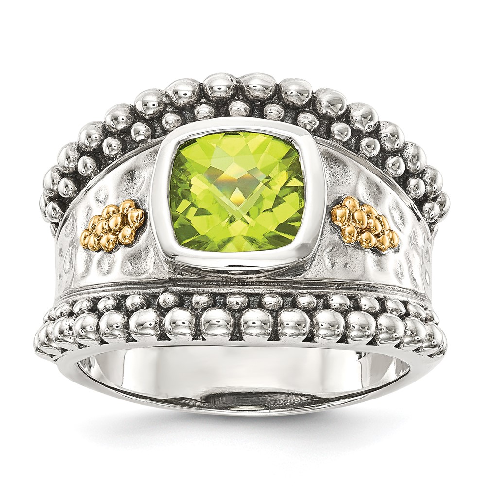Shey Couture Sterling Silver Ring with 14K Accent Antiqued Cushion Bezel Peridot