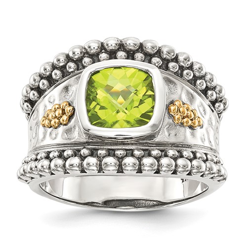 Shey Couture Sterling Silver Ring with 14K Accent Antiqued Cushion Bezel Peridot