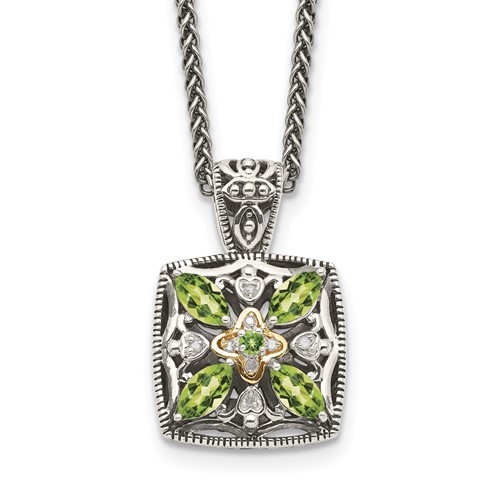 Shey Couture Sterling Silver Necklace with 14K Accent Antiqued Diamond and Marquise Peridot, 18"