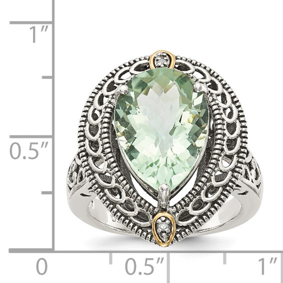 Shey Couture Sterling Silver with 14K Accent Antiqued Diamond and Pear Shaped Green Quartz Ring