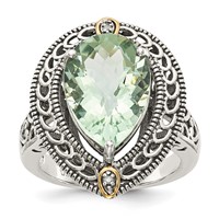 Shey Couture Sterling Silver Ring with 14K Accent Antiqued Diamond and Pear Shaped Green Quartz view 1