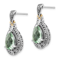 Shey Couture Sterling Silver Earrings with 14K Accent Antiqued Diamond and Pear Shaped Green Quartz Post Dangle view 2
