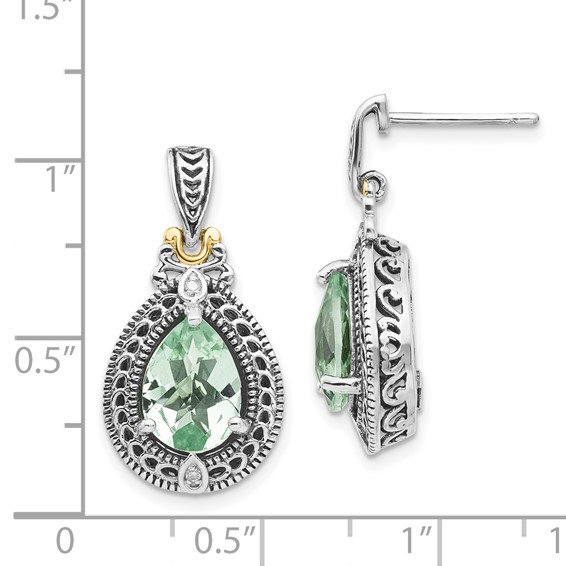 Shey Couture Sterling Silver with 14K Accent Antiqued Diamond and Pear Shaped Green Quartz Post Dangle Earrings