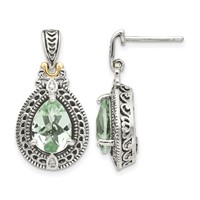 Shey Couture Sterling Silver Earrings with 14K Accent Antiqued Diamond and Pear Shaped Green Quartz Post Dangle view 1