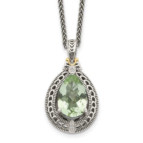 Shey Couture Sterling Silver Necklace with 14K Accent Antiqued Diamond and Pear Shaped Green Quartz, 18"