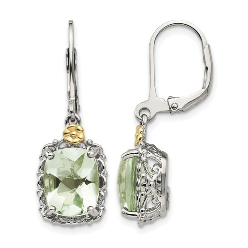 Shey Couture Sterling Silver Rhodium-plated Earrings with 14K Accent Cushion Green Quartz Leverback