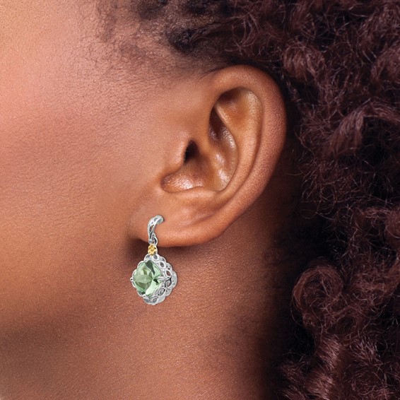 Shey Couture Sterling Silver Rhodium-plated with 14K Accent Cushion Green Quartz Post Dangle Earrings