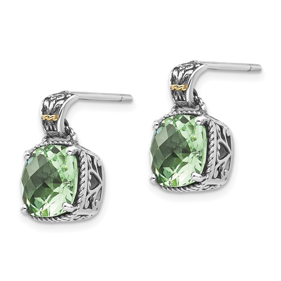 Shey Couture Sterling Silver with 14K Accent Antiqued Cushion Green Quartz Post Dangle Earrings