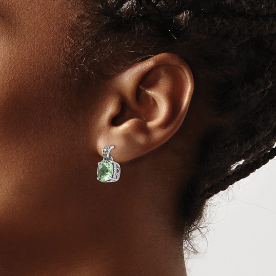 Shey Couture Sterling Silver with 14K Accent Antiqued Cushion Green Quartz Post Dangle Earrings