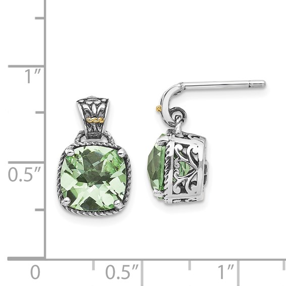 Shey Couture Sterling Silver with 14K Accent Antiqued Cushion Green Quartz Post Dangle Earrings