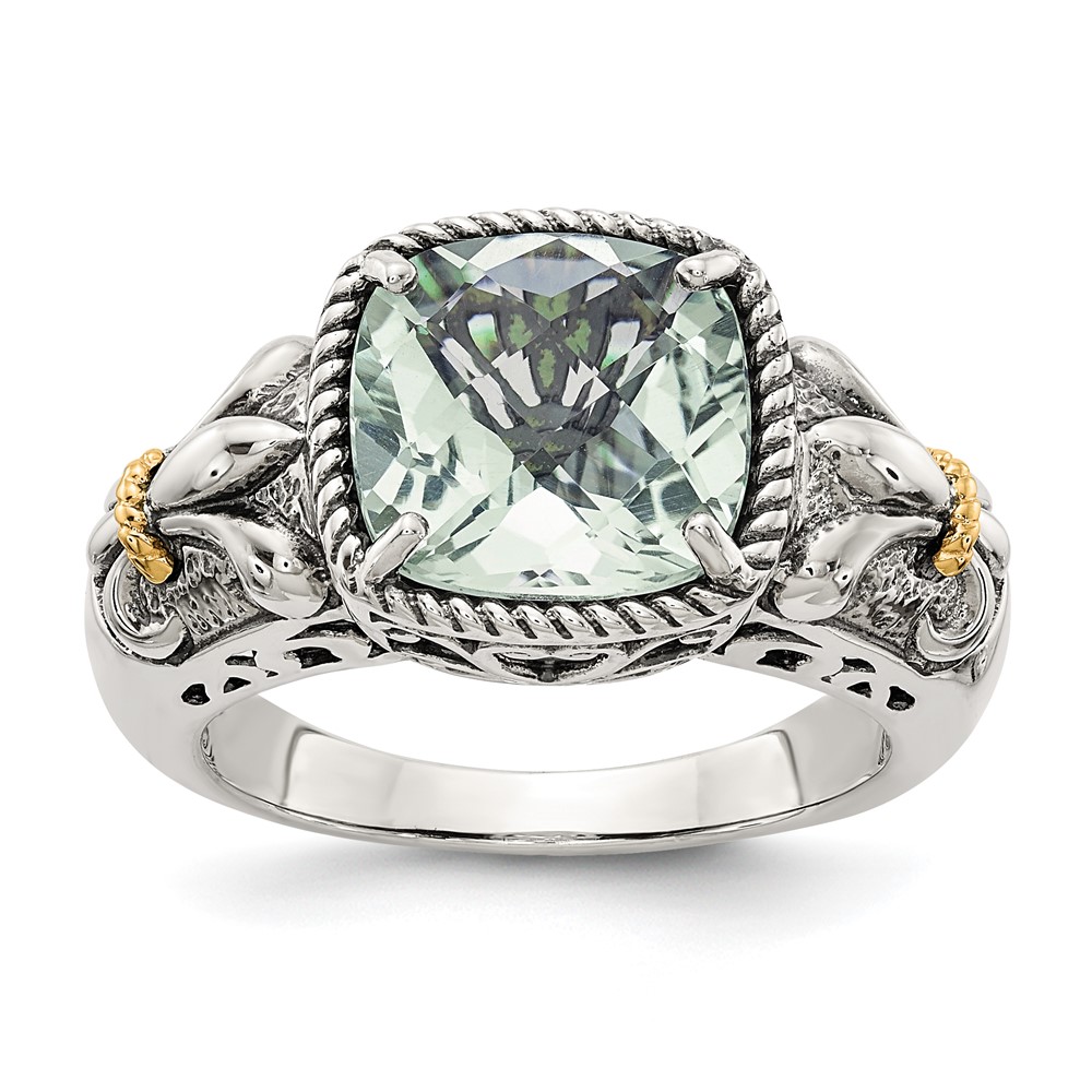 Shey Couture Sterling Silver Ring with 14K Accent Antiqued Cushion Green Quartz