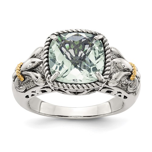 Shey Couture Sterling Silver Ring with 14K Accent Antiqued Cushion Green Quartz