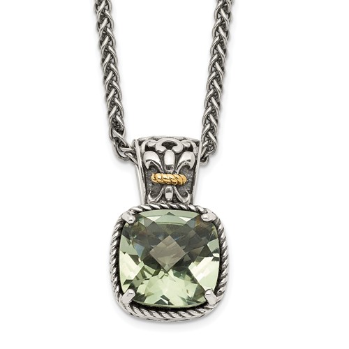 Shey Couture Sterling Silver Necklace with 14K Accent Antiqued Cushion Green Quartz, 18"