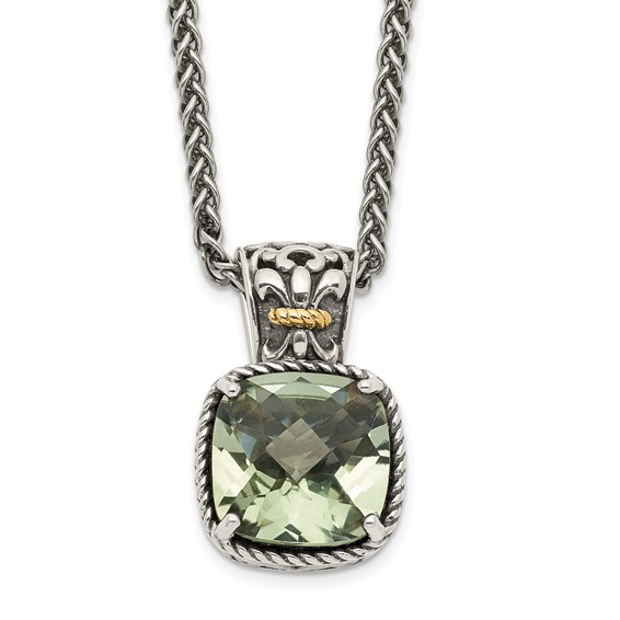 Shey Couture Sterling Silver with 14K Accent 18 Inch Antiqued Cushion Green Quartz Necklace