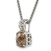 Shey Couture Sterling Silver Necklace with 14K Accent Antiqued Cushion Checkerboard Smoky Quartz, 18" view 5