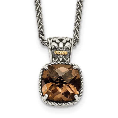 Shey Couture Sterling Silver Necklace with 14K Accent Antiqued Cushion Checkerboard Smoky Quartz, 18"