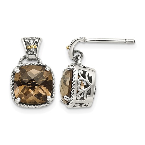 Shey Couture Sterling Silver Earrings with 14K Accent Antiqued Cushion Smoky Quartz Dangle Post
