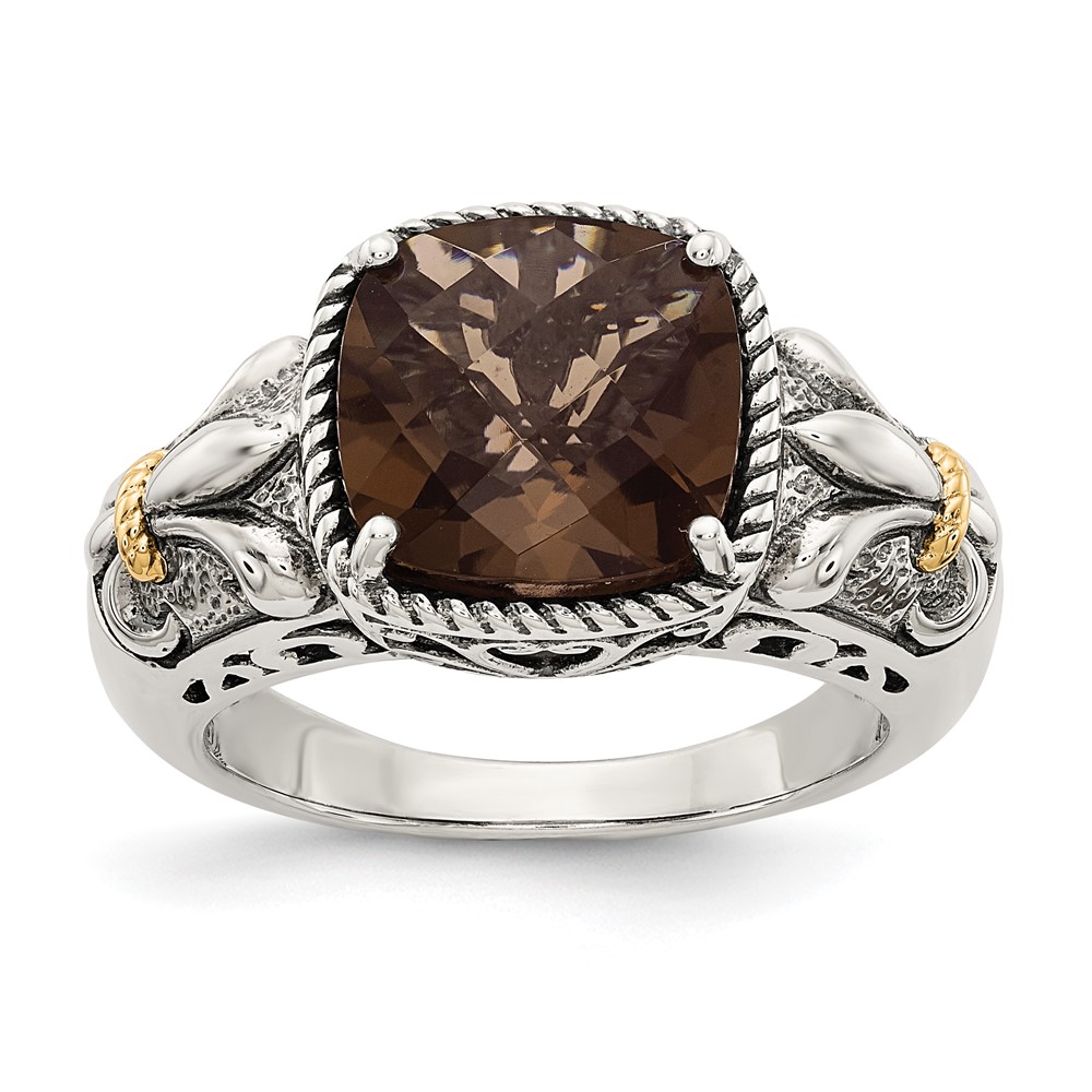 Shey Couture Sterling Silver Ring with 14K Accent Antiqued Cushion Smoky Quartz