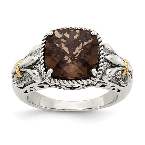 Shey Couture Sterling Silver Ring with 14K Accent Antiqued Cushion Smoky Quartz