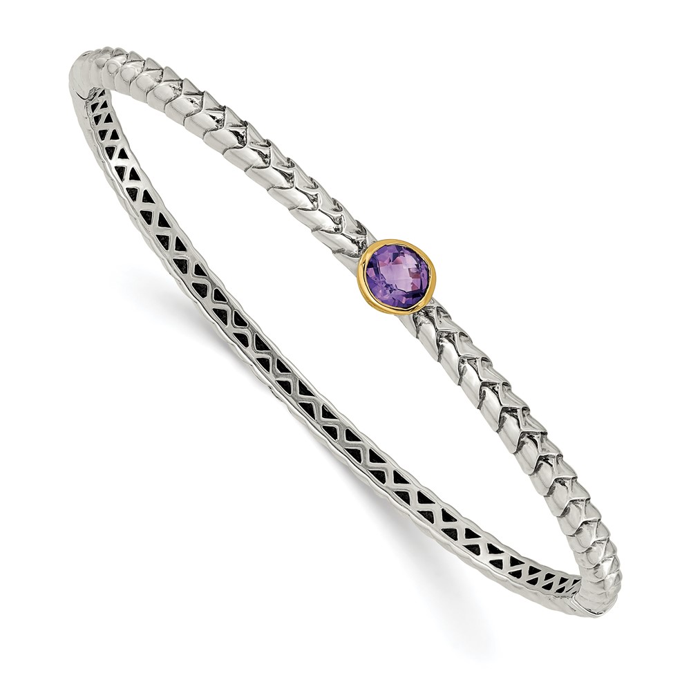 Shey Couture Sterling Silver Antiqued Bracelet with 14K Accent Round Bezel Amethyst Hinged Bangle