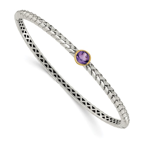 Shey Couture Sterling Silver Antiqued Bracelet with 14K Accent Round Bezel Amethyst Hinged Bangle